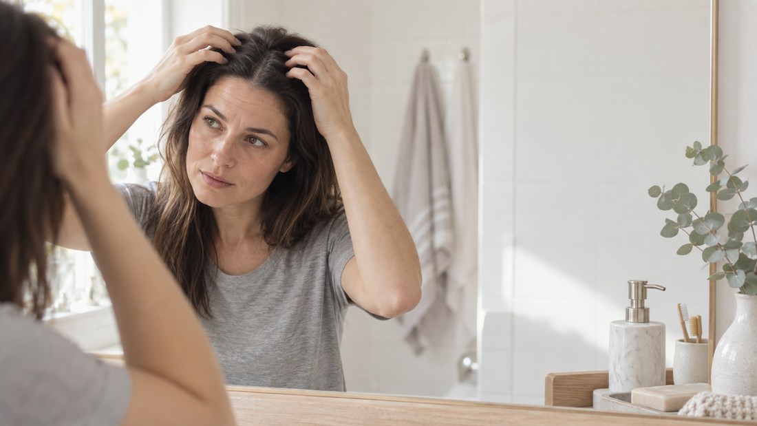 Woman at a bright bathroom mirror parting her hair to check her scalp
