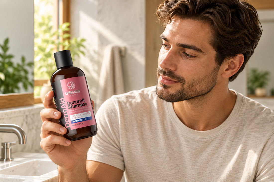 A man holding Sphagnum Botanicals DermaAid Dandruff Shampoo in a bright bathroom