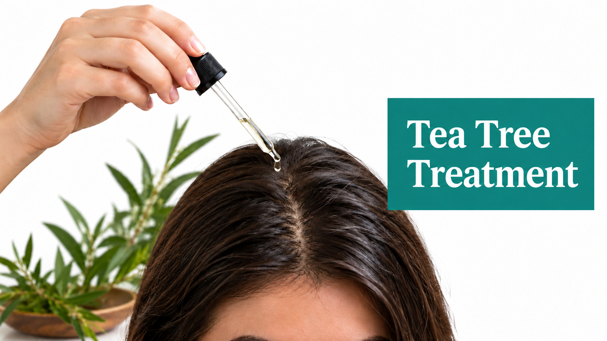 Woman applying a dropper scalp treatment with a tea tree plant in the background