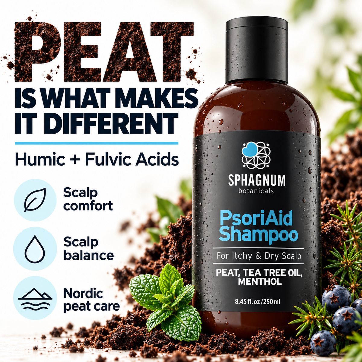 PsoriAid Shampoo with Tea Tree Oil & Peat – Relieves Itching & Redness on Psoriasis-Prone, Sensitive Scalp, Daily Use