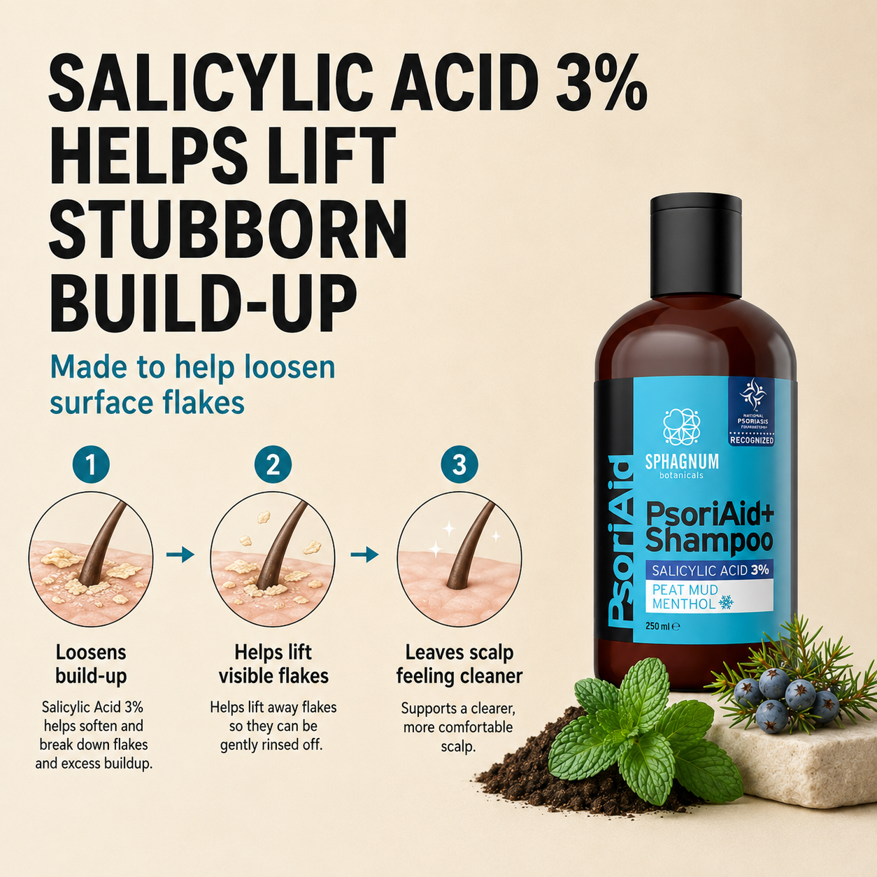 PsoriAid+ Shampoo - Salicylic acid 3% helps lift stubborn build-up