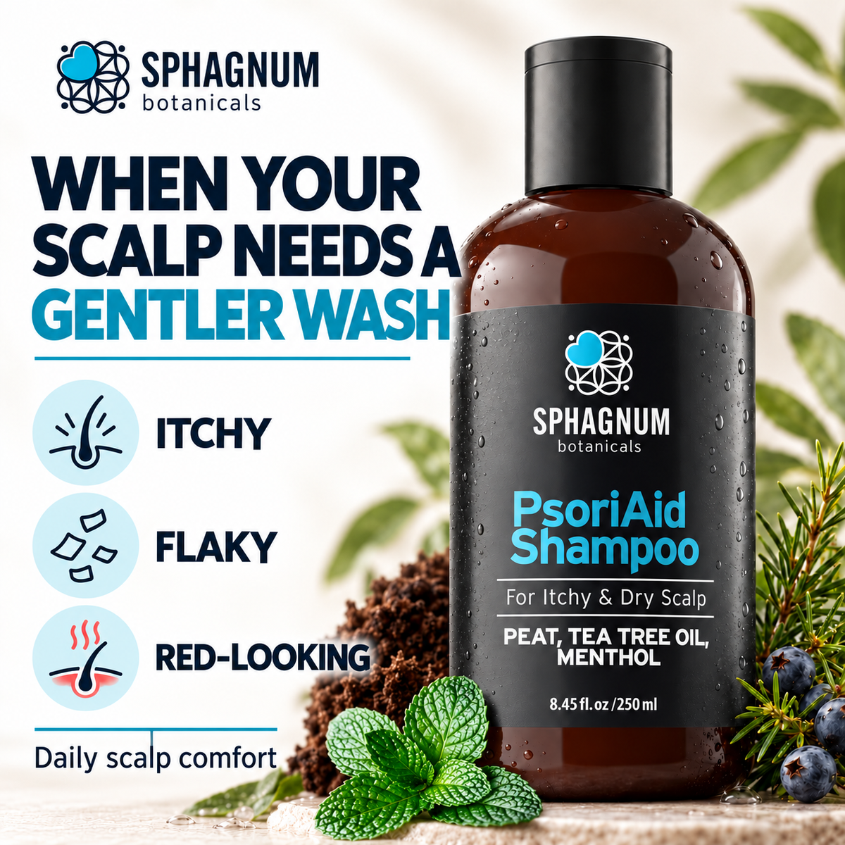 PsoriAid Shampoo with Tea Tree Oil & Peat – Relieves Itching & Redness on Psoriasis-Prone, Sensitive Scalp, Daily Use