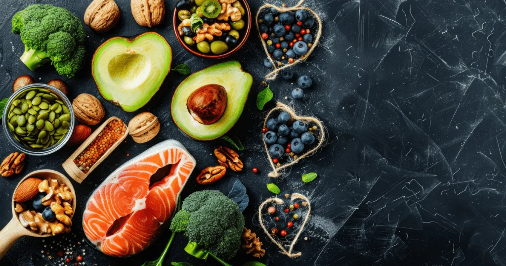 Chalkboard background with avocado, salmon, nuts, broccoli and a heart of string framing three handfuls of blueberries