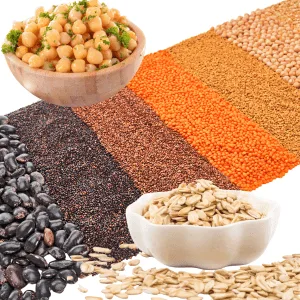 Bowl of chickpeas and bowl of oats with buckwheat, quinoa, brown rice, rye, beans and lentils in the background