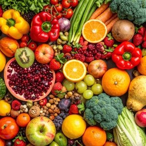 colourful produce: berries, citrus, leafy greens, tomatoes and peppers
