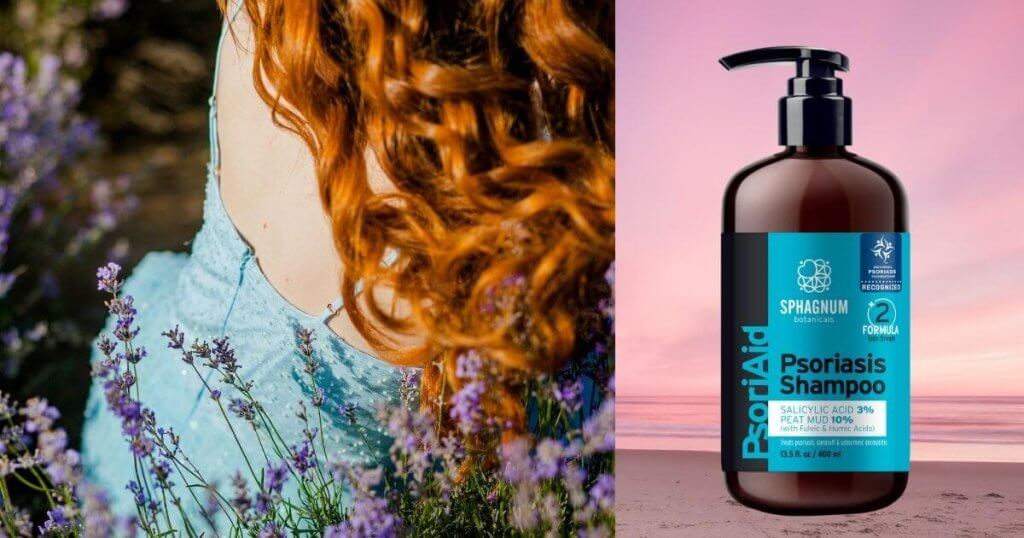 Sphagnum Botanicals Psoriasis Shampoo bottle with a woman’s red-colored hair in a lavender field near the beach at sunset
