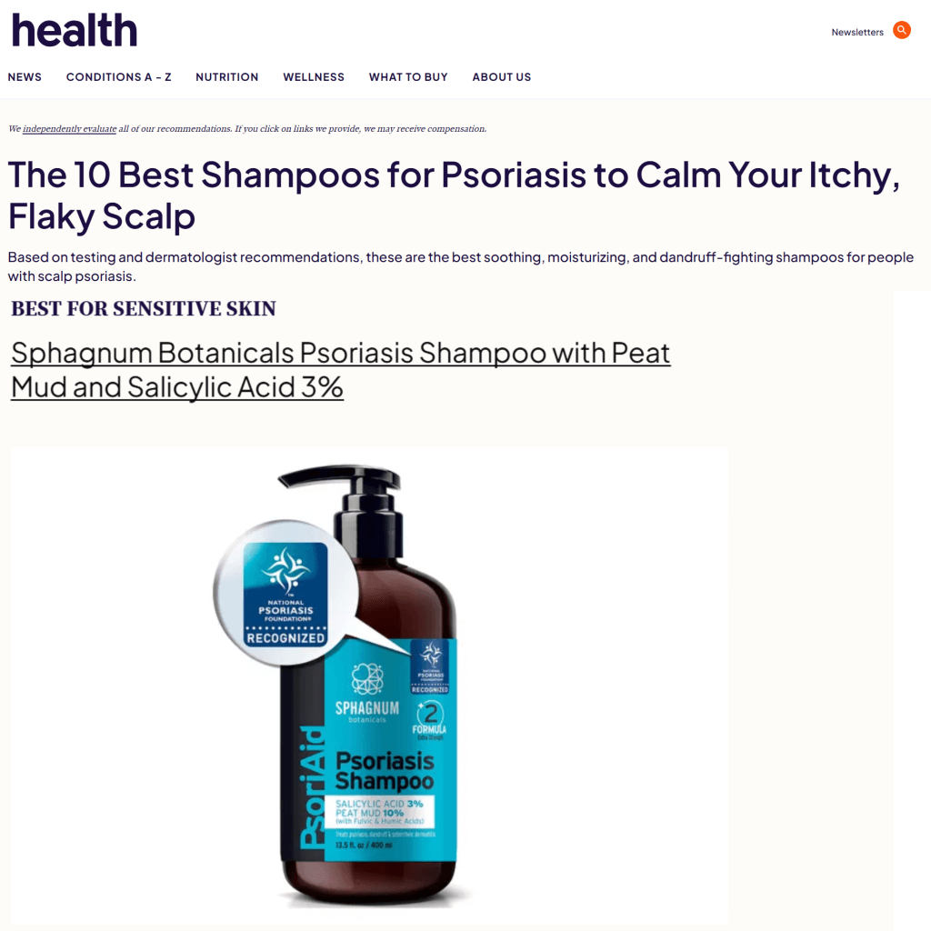 Screenshot from Health.com article featuring Sphagnum Botanicals shampoo for psoriasis with product bottle and headline visible.