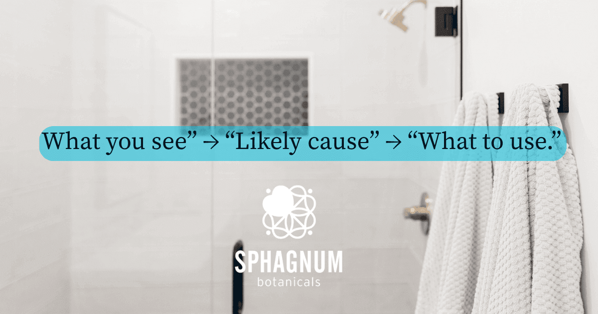 “Sphagnum Botanicals visual guide—What you see, Likely cause, What to use for itchy scalp—over a modern bathroom backdrop.”