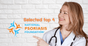 Smiling woman pointing to her left toward a “Top 4” headline and National Psoriasis Foundation logo on a neutral white brick wall background.