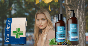 Blonde woman with natural hair standing between a prescription bag and two Sphagnum Botanicals shampoo bottles, with a tree trunk and nature in the background.