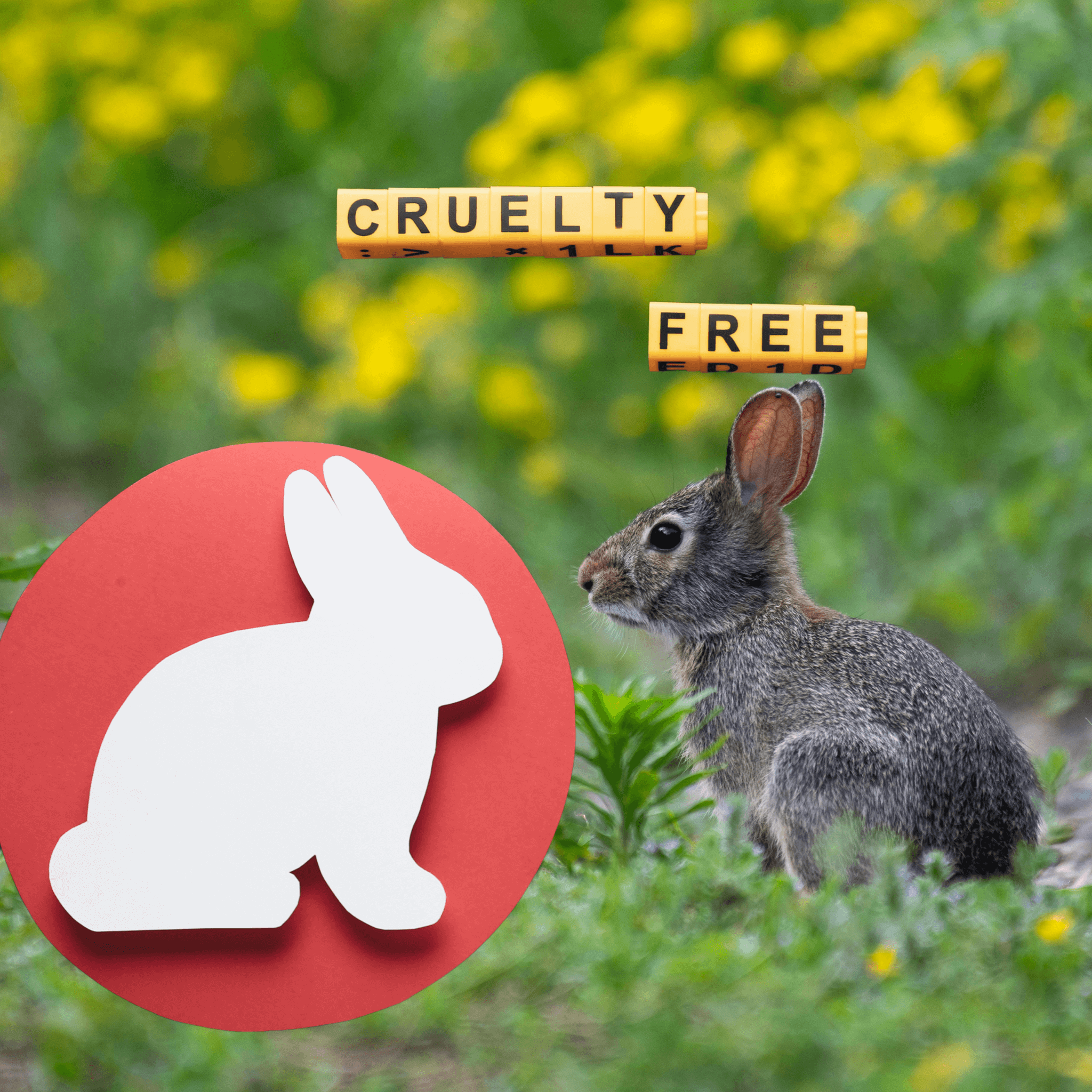 Vegan and cruelty-free Sphagnum Botanicals shampoo with bunny logo facing a real bunny in a green field background, symbolizing ethical scalp care.